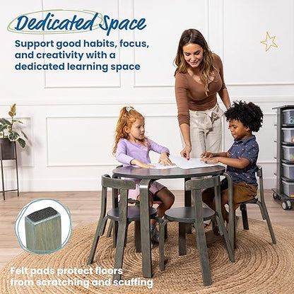 ECR4Kids Bentwood Round Table and Curved Back Chair Set, Kids Furniture, Grey Wash, 5-Piece
