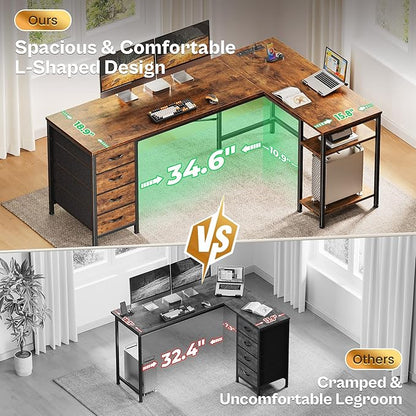 Huuger 63 Inch L Shaped Desk with Fabric Drawers, Computer Office Desk with Power Outlets and USB-C Port, Corner Desk with Storage Shelves, for Gaming Work Study Home Office, Reversible, Rustic Brown