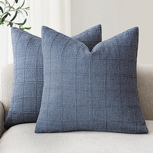 Foindtower Set of 2 Decorative Linen Check Throw Pillow Covers Neutral Farmhouse Vintage Cushion Covers Modern Coastal Boho Home Decor for Sofa Chair Couch Bedroom Living Room Outdoor,24×24 Inch,Blue