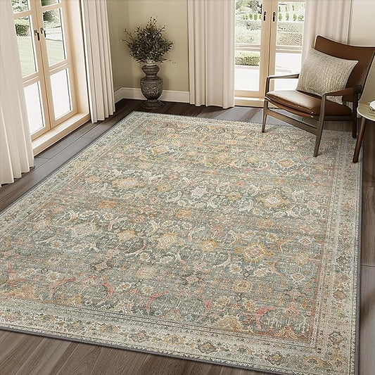 9X12 Area Rugs Machine Washable Rugs for Living Room, Vintage Boho Large Rugs for Bedroom Dining Room, Non Slip Indoor Soft Distressed Lightweight Thin Low Pile Carpet, Turmeric