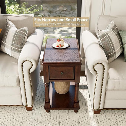 Narrow End Table with Drawer and Storage Shelf, Solid Wood Sofa Side Tables for Living Room, Slim Beside Table-, Vintage Telephone Tabless for Small Spaces, No-Tools Assembly Vintage Walnut BBJ004DWA