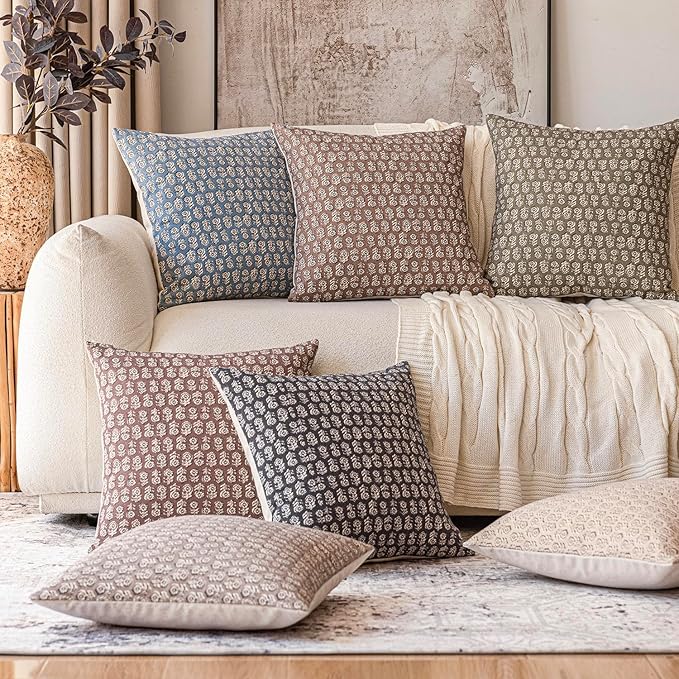 Foindtower Set of 2 Decorative Vintage Floral Print Throw Pillow Covers Neutral Modern Farmhouse Cushion Covers Boho Home Decor for Sofa Couch Chair Bedroom Living Room Outdoor,22×22 Inch,Tan Taupe