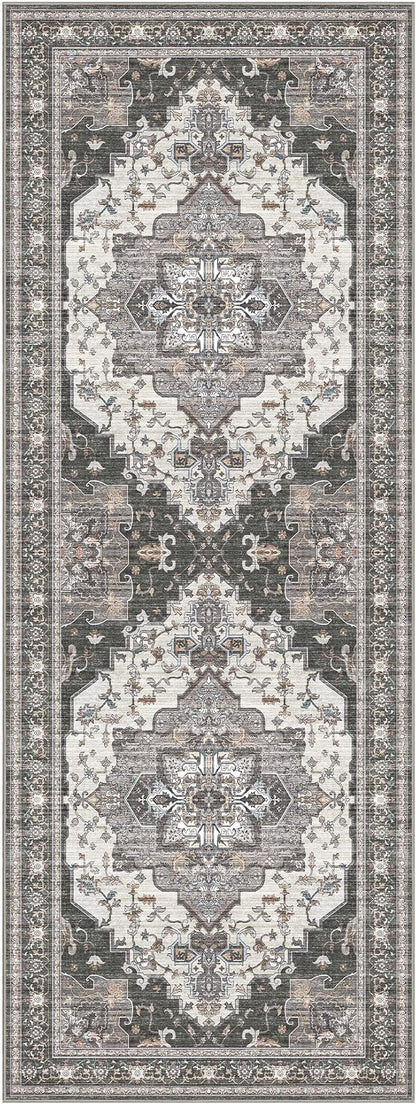 GENIMO 3X8 Hallway Runner Rug, Machine Washable Non Slip Vintage Floral Patchwork Runners, Thin Low Pile Chenille Carpet Runners for Entryway, Kitchen, Bathroom, Bedroom, Slate Gray