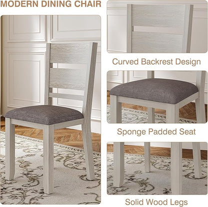 5-Piece Solid Wood Dining Table Set for 4, Round Kitchen Table Set with 4 Upholstered Chairs, Farmhouse Dining Sets for Kitchen, Dining Room, Rustic Grey
