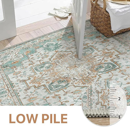 GENIMO 9x12 Area Rugs for Living Room, Machine Washable Non Slip Vintage Rugs, Low Pile Lightweight Chenille Print Rug for Bedroom, Dining Room, Home Office, Cyan