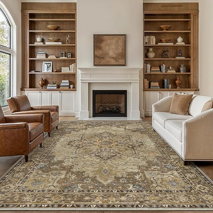GENIMO 9x12 Area Rugs for Living Room, Machine Washable Non Slip Vintage Rugs, Low Pile Lightweight Chenille Print Rug for Bedroom, Dining Room, Home Office, Rustic Brown