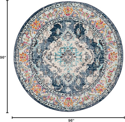 SAFAVIEH Monaco Collection Area Rug - 8' Round, Navy & Light Blue, Boho Chic Medallion Distressed Design, Non-Shedding & Easy Care, Ideal for High Traffic Areas in Living Room, Bedroom (MNC243N)