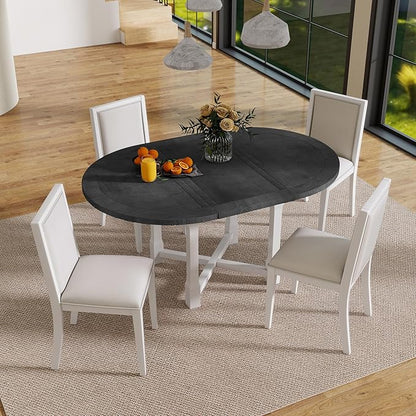 Merax 5-Piece Extendable Dining Table and 4 Upholstered Chairs, Round Oval Dining Table Set for 4, Wood MDF Kitchen Table Set with Removable Leaf for Dining Room, 42" to 58" (Grey+White)