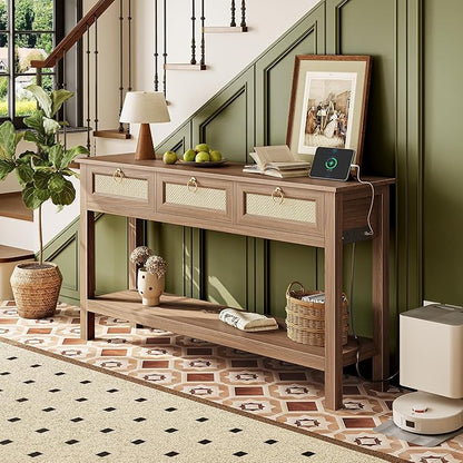SUPERJARE Rattan Console Sofa Table with Outlets and USB-C Port, 3 Drawer Entryway Table with Synthetic Rattan Surface, Open Shelf, Behind Couch Entry Foyer Hallway Storage, Brown