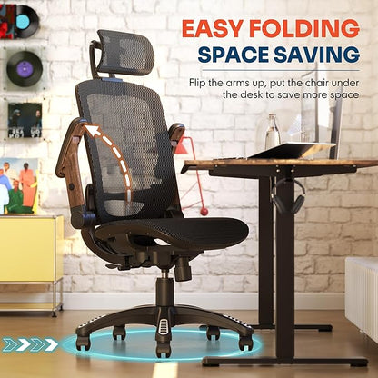 GABRYLLY Ergonomic Office Chair, High Back Home Desk Chair with Headrest, Flip-Up Arms, 90-120° Tilt Lock and Wide Cushion, Big and Tall Mesh Chairs for Man Woman, Black Task Chair(Dark Woodgrain)