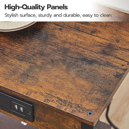 HOOBRO Side Table with Charging Station, End Table with USB Ports and Outlet, Nightstand with Storage Shelf, Faux Rattan Decoration, for Living Room, Bedroom, Rustic Brown and Black BF91UBZ01