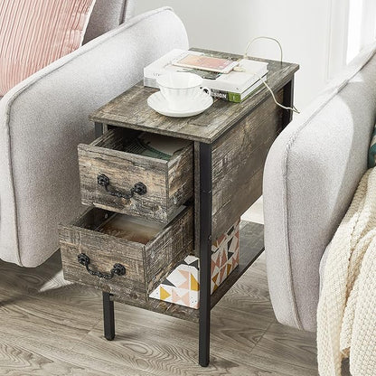 VECELO End Tables,Narrow Nightstands with Charging Station & USB Ports &Drawers,Night Stand for Living Room, Bedroom,Graylish
