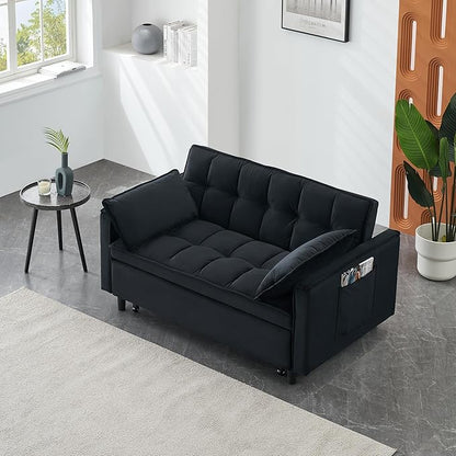 Ball & Cast 55" Convertible Sleeper Sofa Bed,Convertible Pull Out Couch with 2 Pillows,Adjustable Backrest & Side Pocket,Loveseat Futon Sofa Bed for Living Room,Apartment,Velvet Fabric,Black