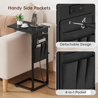 Vagusicc C Shaped End Table with Charging Station, Adjustable Height Side Table for Sofa, Couch Side Table for Small Spaces, Slide Under Sofa TV Tray Snack Arm Tables for Living Room, Bedroom, Black