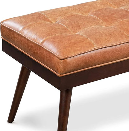 POLY & BARK 55" Tufted Leather Bed Bench for Bedroom End of Bed - Living Room Entry Way Bench - Pure Italian Leather Upholstery with a Solid Wood Frame - Ottoman Bench with Wooden Legs - Cognac Tan