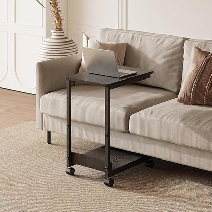 Side Table,C Table with 2-Tier Storage Shelf, End Table with Metal Frame, Sofa Table with Wheels for Living Room, Bedroom, Office, Bathroom, Easy Assembly, Black