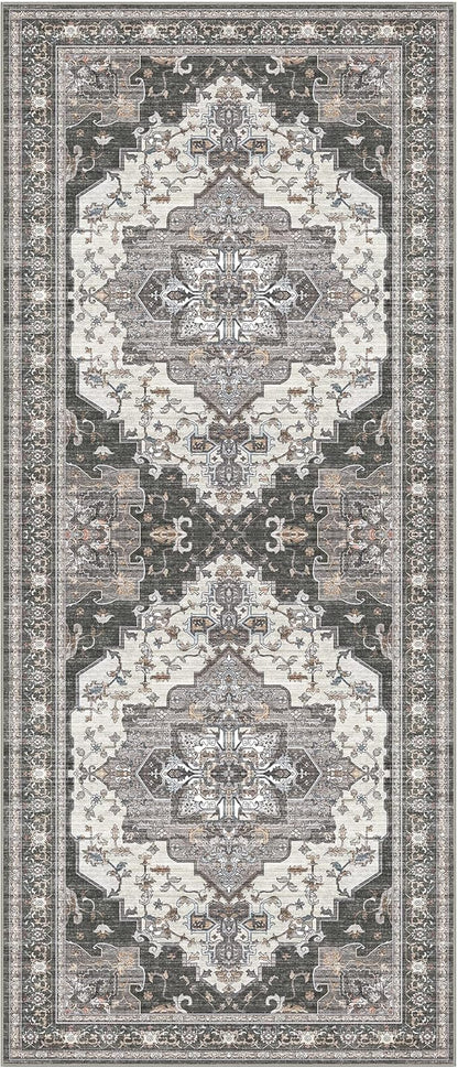 GENIMO 3X7 Hallway Runner Rug, Machine Washable Non Slip Vintage Floral Patchwork Runners, Thin Low Pile Chenille Carpet Runners for Entryway, Kitchen, Bathroom, Bedroom, Slate Gray