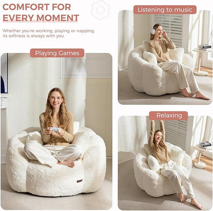 MAXYOYO Bean Bag Chair with 3 Pillows, Oversized Floral Shaped Bean Bag Sofa for Adults, Ultra Soft Faux Fur Floor Sofa, Large Stuffed Reading Chair for Living Room Bedroom, Beige