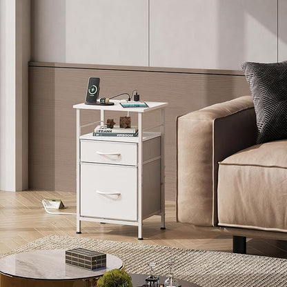 WLIVE Night Stand Set 2, White Nightstand with Charging Station, Nightstands for Bedroom Set of 2, Bedside Tables, Side Table with 2 Fabric Drawers, Small Dresser with USB Ports and Outlets
