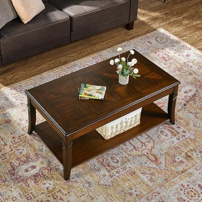 Solid Wood Coffee Table with Storage Shelf, Rectangle Coffee Table for Living Room, Mid-Century Living Room Table with Curved Legs, Large Countertop Cocktail Center Table, Cherry Walnut KFZ-DR200