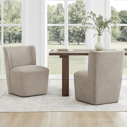 Upholstered Dining Chair with Casters Wingback Modern Side Armless Deskchair with Rollers for Diningroom Bedroom Livingroom Reading Room,Khaki,2 Box