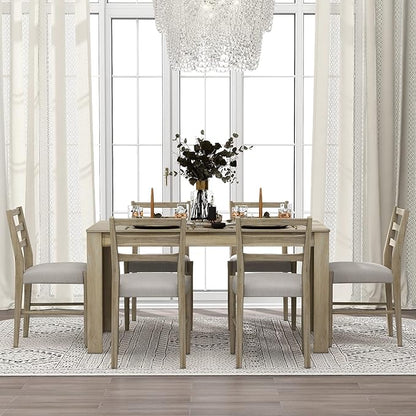 7-Piece Wooden Dining Set with Mutifunctional Extendable Table 12" Leaf and 2 Drawers,Rubber Wood Structure W/ 6 Soft Cushion Chairs,for Dining Room,Natural Wood Wash