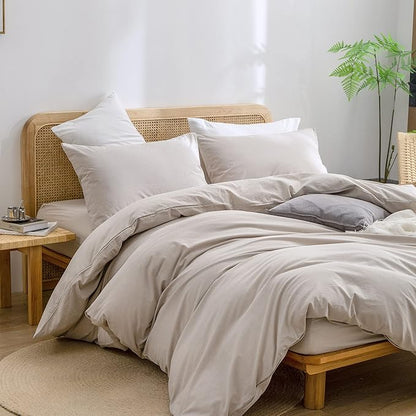 BESTOUCH Duvet Cover Set 100% Washed Cotton Linen Feel Super Soft Comfortable Chic Lightweight 3 PCs Home Bedding Set Solid Linen Grey Cal King