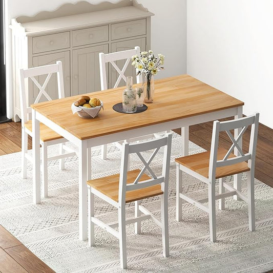 sogesfurniture Dining Table Set for 4，Dinette Set for 4 Small Space,5 Pieces Dining Table for Kitchen, Dining Room 47.5'', Pine Wood,Oak&White
