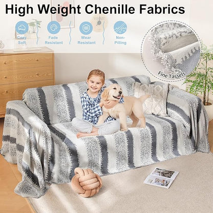 Boho Sofa Cover, Couch Covers for 3 Cushion Couch Sofa Pet Friendly, Sofa Cover Washable, Soft Chenille Living Room Couch Covers Slipcover, Pet Furniture Protecto (1# Grey, 71" x 150")