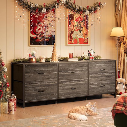 Huuger 63 Inch Long Dresser for Bedroom, TV Stand for 55, 65, 70 Inch TV, 6 Drawer Dresser for Closet with Fabric Drawers, Storage Organizer for Bedroom, Entryway, Charcoal Black Wood Grain Print