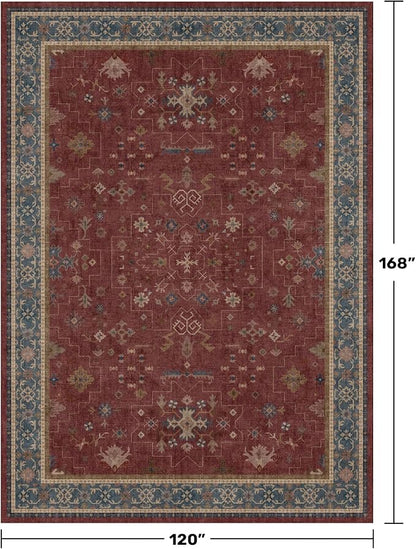 Moroccan Big Rugs for Living Room - Dark Red 10 x 14 Area Rug for Large Bedroom, Dining Room, Washable Lightweight Low Pile Foldable Oriental Burgendy Home Décor