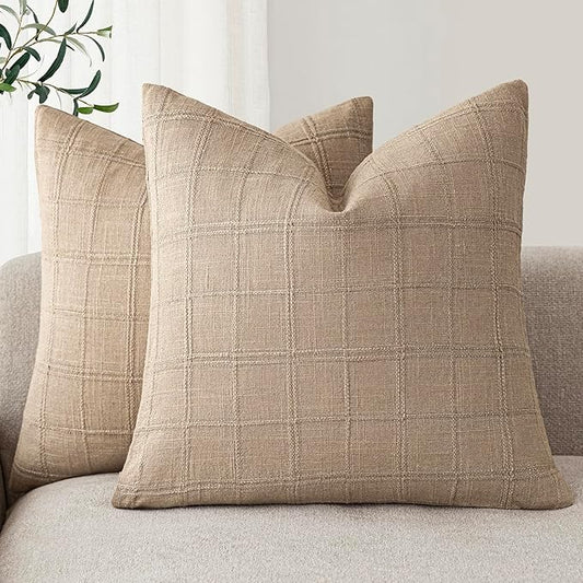 Foindtower Set of 2 Decorative Linen Check Throw Pillow Covers Neutral Farmhouse Vintage Cushion Covers Modern Coastal Boho Home Decor For Sofa Chair Couch Bedroom Living Room Outdoor,18×18 Inch,Camel