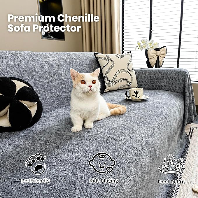 Nobildonna Sofa Cover Washable Soft Thicken Chenille Couch Cover with Tassel,Waterproof Sofa Slipcover for 3-4 Cushion Couch,Sectional Sofa,L-Shaped Furniture Protector Pet-Friendly,Dark Gray 71x150