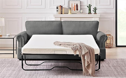 Reversible Sleeper Sofa Bed with Comfortable Memory Foam Mattress, Convertible Corduroy Full Size Pull Out Couch for Living Room, Space Saving Furniture, 72" Wide, Rounded Arms, Grey