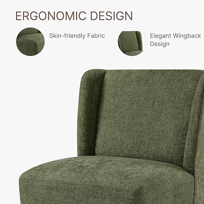 Upholstered Dining Chair with Casters Wingback Modern Side Armless Deskchair with Rollers for Diningroom Bedroom Livingroom Reading Room,Green,1 Box
