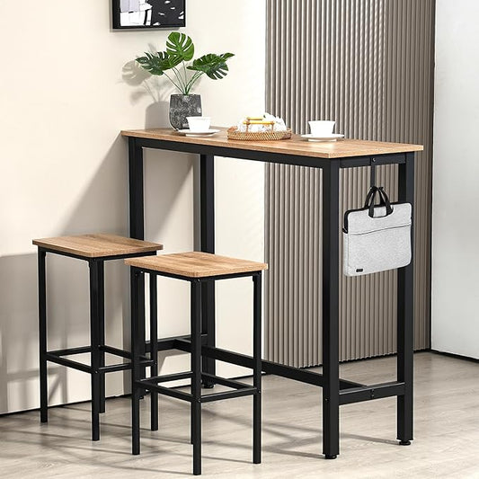 Finnhomy 47" Industrial Bar Table Set with 2 Stools - Counter Height Dining & Pub Table for Small Spaces, Kitchen, Apartment, Breakfast Nook - Metal & Wood, Space-Saving Furniture - Greige
