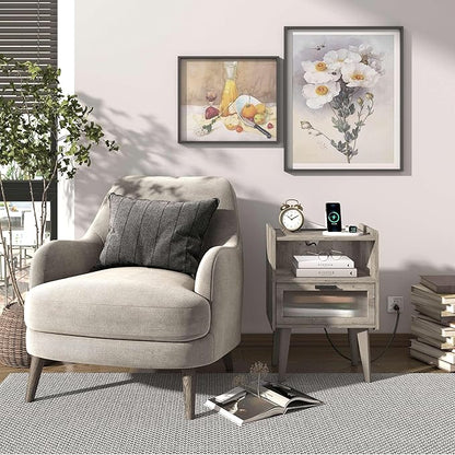 Nightstand with Charging Station, Bedside Tables Oak Grey End Table Side Table with 2 Tiers Storage Space, for Bedroom Living Room MLBZ07GE