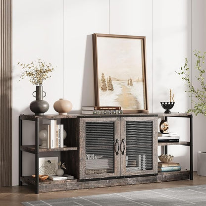 GarveeHome Farmhouse TV Stand for 65/75 inch TV, Entertainment Center with Storage Cabinet, Industrial TV Console Cabinet with Mesh Doors, 63" Rustic TV Media Console Table for Living Room, Oak