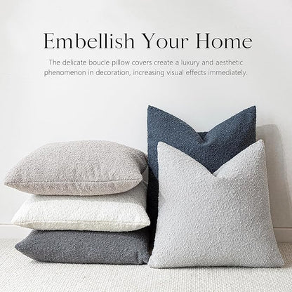 Foindtower Set of 2, Decorative Textured Boucle Throw Pillow Covers Accent Solid Pillow Cases Neutral Soft Cozy Couch Cushion Case for Chair Sofa Bedroom Living Room Home Decor 24 x 24 Inch Light Grey