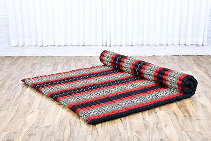 Leewadee - Foldable Floor Mattress - Japanese Roll Up Futon -Trifold Tatami Mat- Guest Floor Bed - Camping Mattress - Thai Massage Mat, Kapok Filled, 75 x 57 inches, Black Red