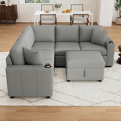 84.7" Symmetrical Convertible Sleeper Sectional Sofa Couch Bed for Living Room 4 Seater L Shaped Reversible Pull Out Sleeper Sofabed with Movable Ottoman ,2 Cup Holders ,USB Ports, Detachable Backrest