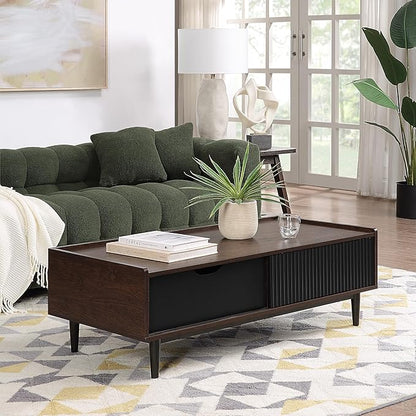 Manhattan Comfort Duane Mid Century Modern Coffee Table with Drawer & Cubby Shelf, Living Room Furniture with Ribbed Flat Design, Wood Grain Laminate Finish & Durable Iron Metal Feet, Black