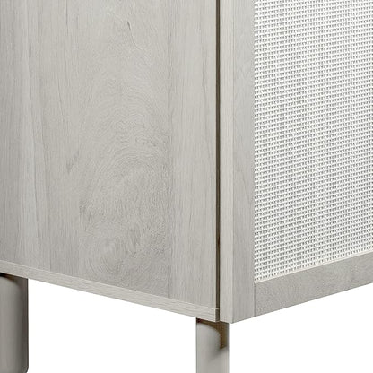 Sango Orre 2-Door Cabinet, Modern White Storage Cabinet with Synthetic Rattan Door Panels, Adjustable Shelf, Cylindrical Wood Legs, Discreet Finger Pulls, Elegant Furniture for Office or Living Room
