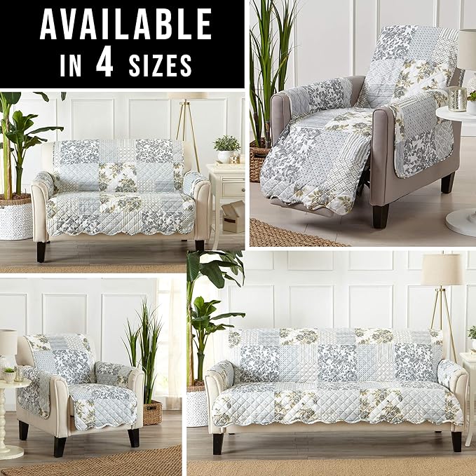 Patchwork Scalloped Printed Furniture Protector Stain Resistant Recliner Cover (Recliner, Grey)