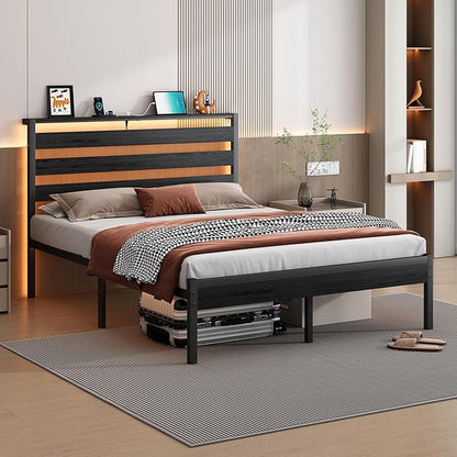 14 Inch Classic Metal Platform Bed Frame-Full Size Bed Frame with Headboard,Steel Slats Support-LED Bed Frame with USB Charging Station,Under Bed Storage,No Box Spring Needed,Noise Free