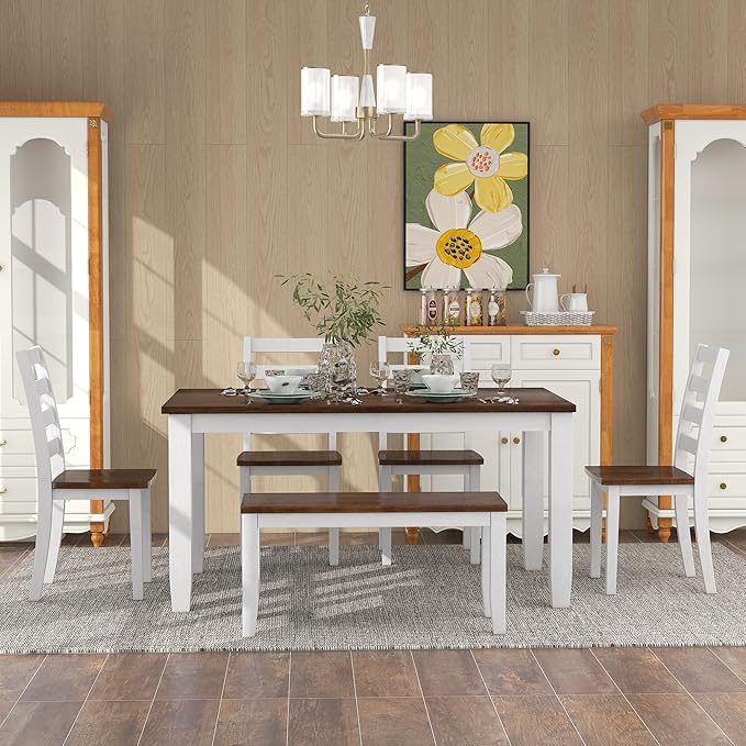 6 Pieces Dining Table Set with 1 Bench & 4 Ergonomic Designed Chairs,Wooden Living Room Furniture W/ 60" Rectangle Kitchen Desk,for Restaurant,Home Bistro,Walnut+Cottage White