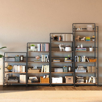 4NM No-Assembly 6 Tiers Folding Bookshelf Storage Shelves Vintage Bookcase Standing Racks Study Organizer Home Office (Rustic Brown Black)