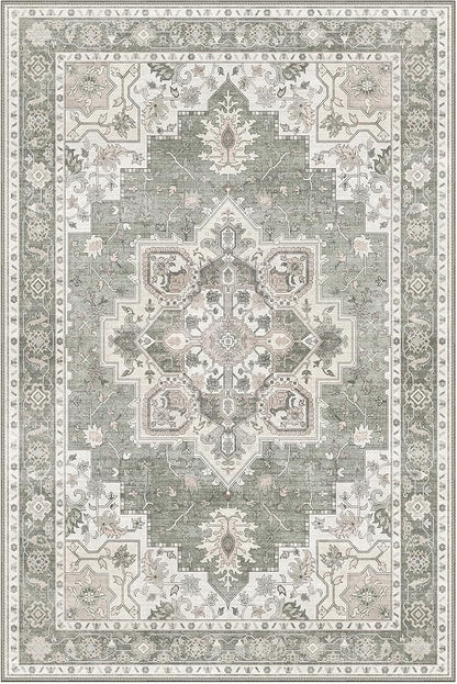 GENIMO 9x12 Area Rugs for Living Room, Non Slip Machine Washable Vintage Rugs, Low Pile Lightweight Chenille Print Large Rug for Bedroom, Dining Room, Home Office, Moonlight