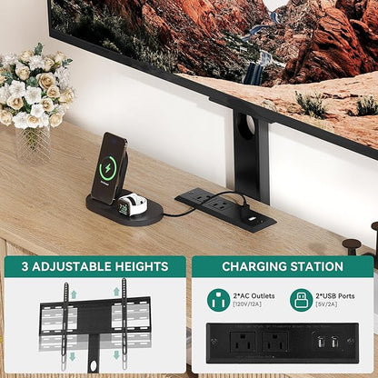 YITAHOME Fluted TV Stands for Living Room with Mount, Modern Entertainment Center for 32-70 inch TVs, LED Curved TV Stand with PowerOutlets & LED Light, Curved Profile Design, Natural Oak