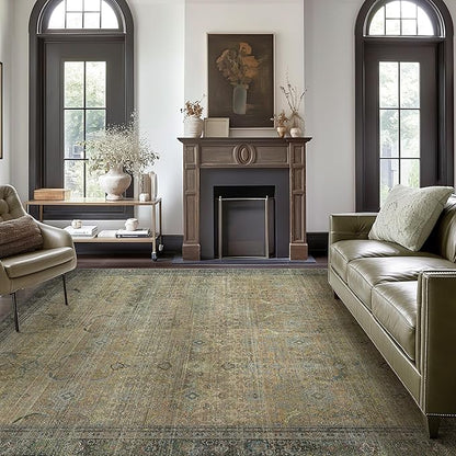 9X12 Area Rugs Machine Washable Rugs for Living Room, Vintage Boho Large Rugs for Bedroom Dining Room, Non Slip Indoor Soft Distressed Lightweight Thin Low Pile Carpet, Vintage Sunset